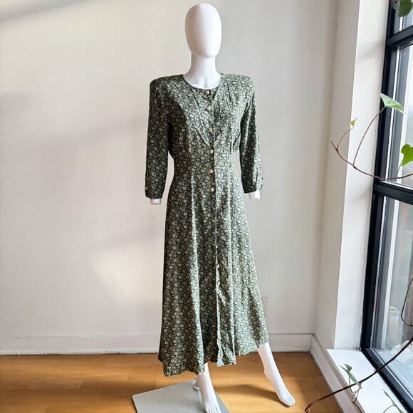 Vintage Algo 90s Microfloral 3/4 Sleeve Midi Dress S/M - Picture 5 of 11
